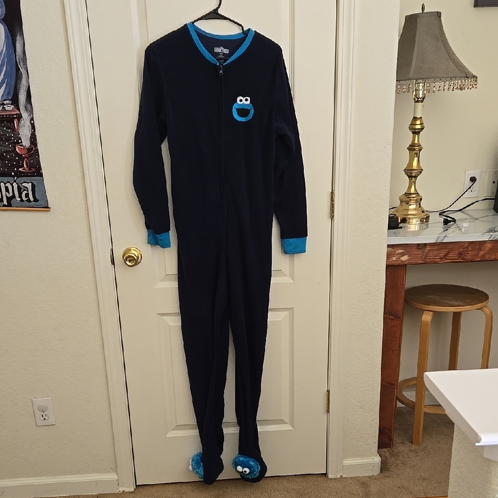 Sesame Street Cookie Monster Pajama Onesie - Navy And Light Blue